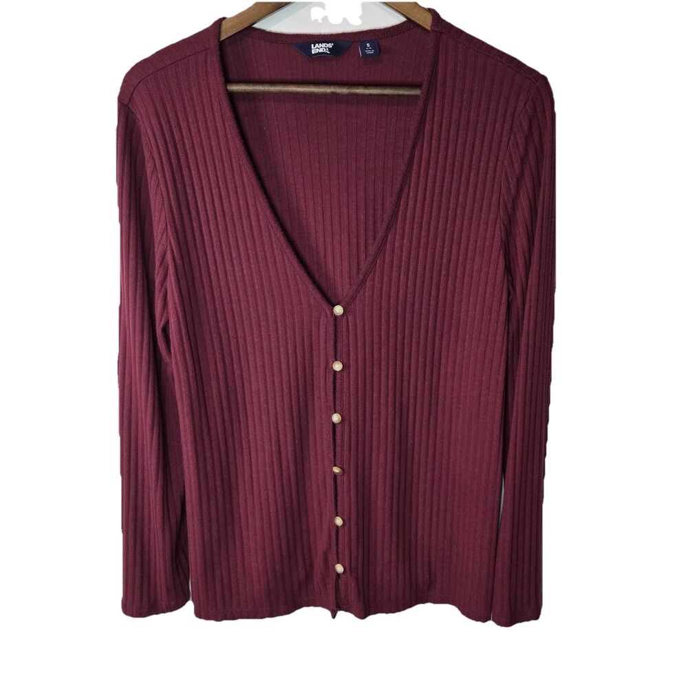 Lands End Ribbed Lightweight Knit Marroon Cardigan Small